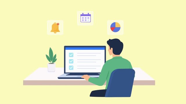Modern flat vector animation showing a person working on a laptop with a task management interface and floating notification, calendar, and analytics icons, representing productivity, planning, and di