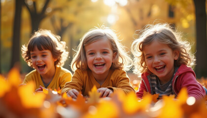 Fototapeta premium children playing in autumn park with three smiling girls among golden maple leaves, warm sunlight backlight, candid laughter and motion, natural portraits of friendship and outdoor joy.