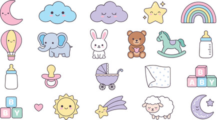 Obraz premium Sweet newborn nursery illustration pack with soft pastel clouds rainbow teddy bear blocks bottles and nursery animal characters