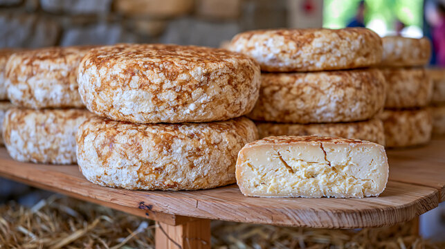 Rows of aging cheese wheels in an empty stone cellar serve as symbolic still life representing medical supply emergency logistics parallels, a single cracked wheel removed from its shelf, straw scat