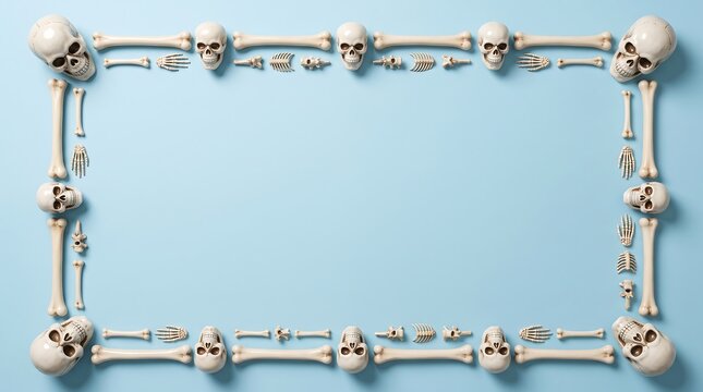 A rectangular frame made of human skulls and bones arranged on a solid light blue background for halloween designs