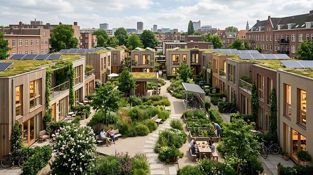 Modern eco-friendly residential housing complex with green rooftop gardens and solar panels in urban setting