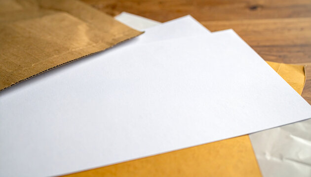 Envelope and Paper on Wood: A clean composition of a white paper sheet and brown envelopes neatly arranged on a wooden surface, suggesting communication and documentation.