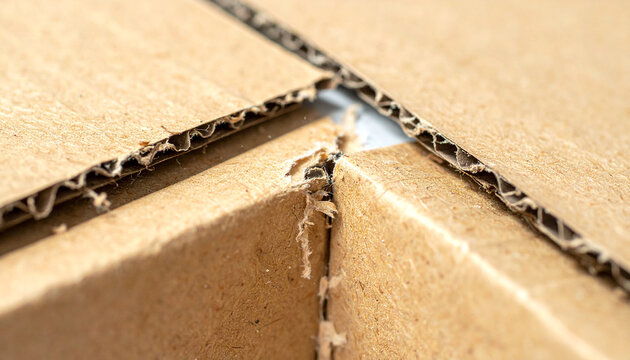 Cardboard Box Junction: A macro shot captures the detailed texture of corrugated cardboard, focusing on the precise right-angle junction of two box flaps.