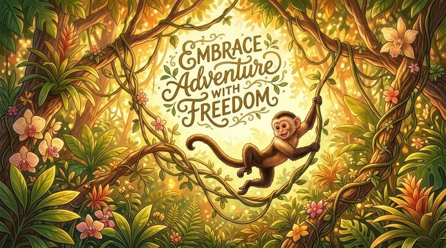 Whimsical monkey swinging on vines in lush jungle with inspirational text "Embrace Adventure With Freedom"