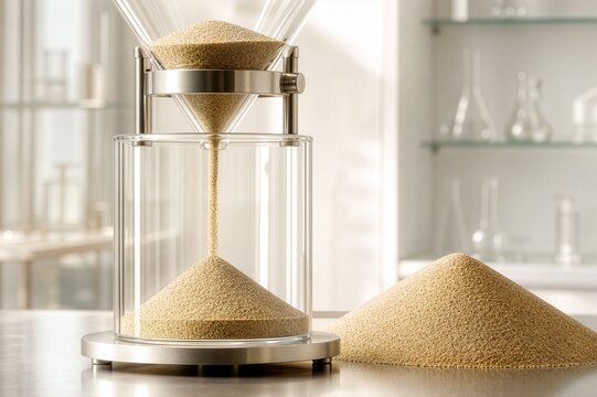 Granular matter flowing through a laboratory funnel, representing particulate physics, friction, flow dynamics and material behavior.