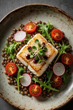 Cooked cod fillet rests on a bed of lentils, garnished with cherry tomatoes, radish slices, and greens. A drizzle of balsamic glaze adds a touch of richness to this healthy meal.