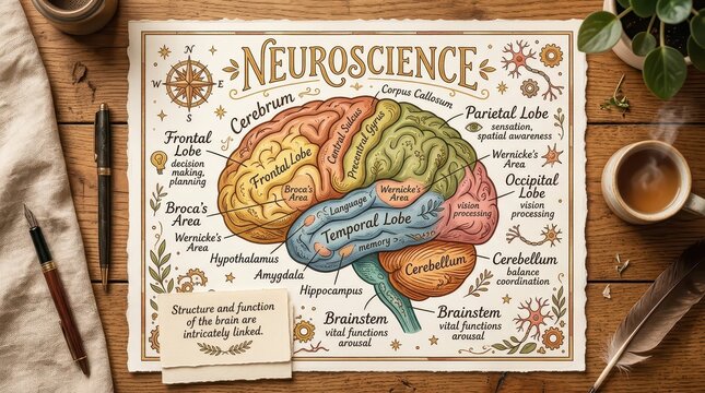 Vintage Neuroscience Poster Displaying Brain Anatomy with Labeled Lobes and Functions on a Wooden Desk with Writing Utensils and Coffee