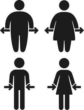 Healthy weight and obesity icon set. Man and woman silhouette with arrows showing weight gain and weight loss. Simple flat vector symbols.