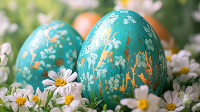 Teal and Gold Marbled Easter Eggs in White Spring Flowers