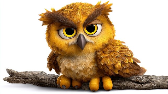Grumpy Owl Portrait: A cartoon illustration of a fluffy, grumpy-looking owl with large yellow eyes and bushy eyebrows, perched on a tree branch, looking directly at the viewer with a stern expression.
