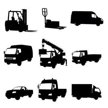 Black and white line art collection of vehicles.