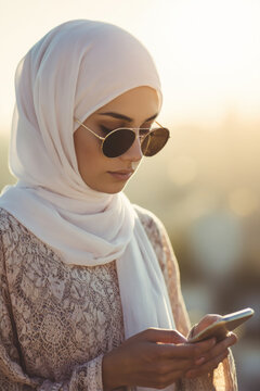 Young Muslim woman wearing sunglasses and hijab uses her smartphone outdoors