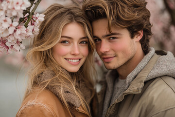 Fototapeta premium Young couple enjoying romantic spring walk under blooming trees in park meadow garden, generative ai