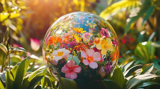 Artistic Glass Sphere Filled with Colorful Flowers in a Sunlit Garden