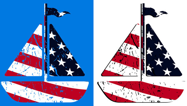 Columbus Day Sailboat Silhouette Vector with American Flag