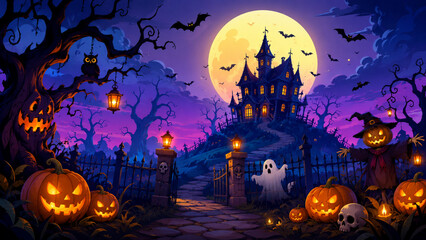 Fototapeta premium Halloween Festival Background with Pumpkins, Ghosts and Creepy Decorations