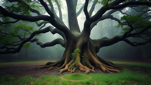 Ancient tree with sprawling roots nourishing young saplings in a misty forest clearing.