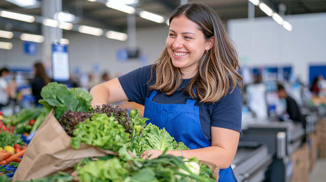 A female grocery bagger in a busy urban supermarket loads produce into reusable bags mid-rush, her focused expression and quick hands caught in an unposed candid moment against a backdrop of crowded