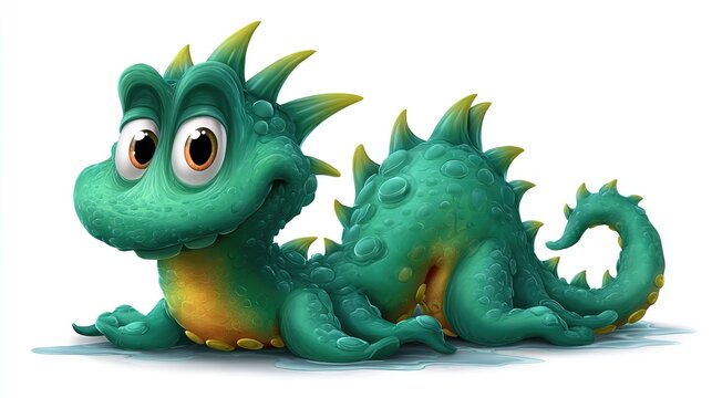 Cute Green Dragon: An adorable cartoon dragon with big eyes, sharp spikes, and a friendly smile, lying down in a playful pose, ready for adventure.