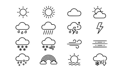 Obraz premium Weather forecast black monoline vector icon collection isolated on white