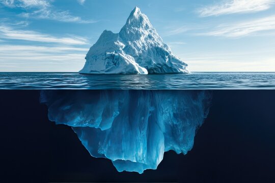 Vast iceberg emerges from deep, cool ocean, with submerged portion dwarfing visible mass