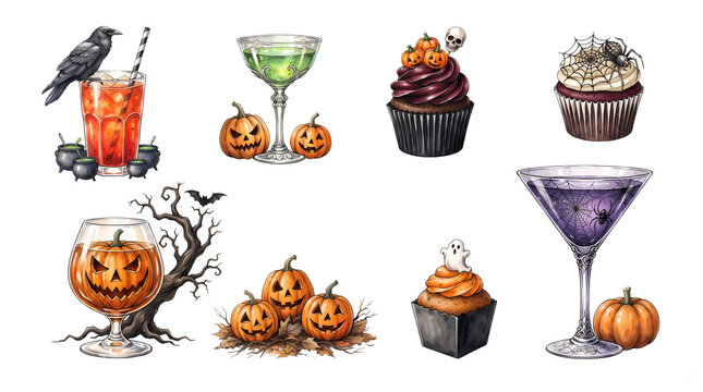 Halloween scary drinks with jack o lanterns crow and spooky cupcakes for party.