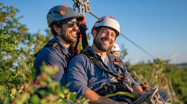 A zipline guide at golden hour assists a rider unhooking from a cable platform above a forest canopy, the aftermath moment showing the guide coiling safety line while the rider catches breath, satis