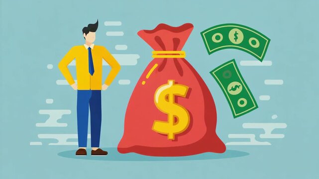 Financial Wealth Concept with Businessman, Money Bag, Dollar Currency and Cash Representing Income and Prosperity
