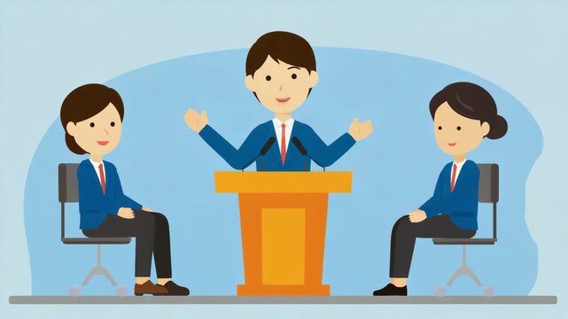 Business Debate and Public Speaking Scene with Presenter at Podium and Professional Participants