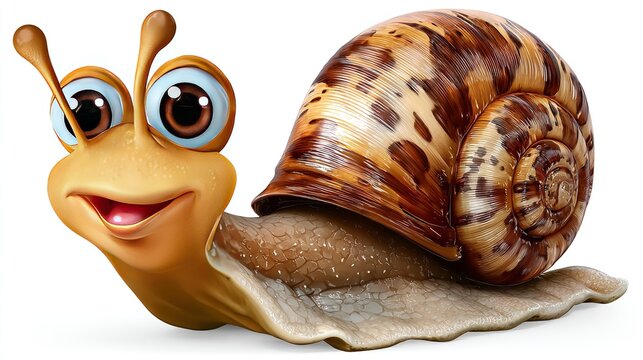 Joyful Snail Character: A cheerful cartoon snail with big, expressive eyes and a wide smile embarks on an adventure, its shell adorned with intricate patterns.