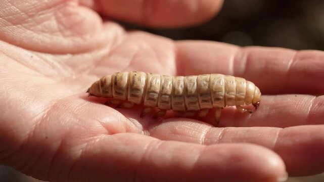 Beetle Larva Crawling on Open Human Palm