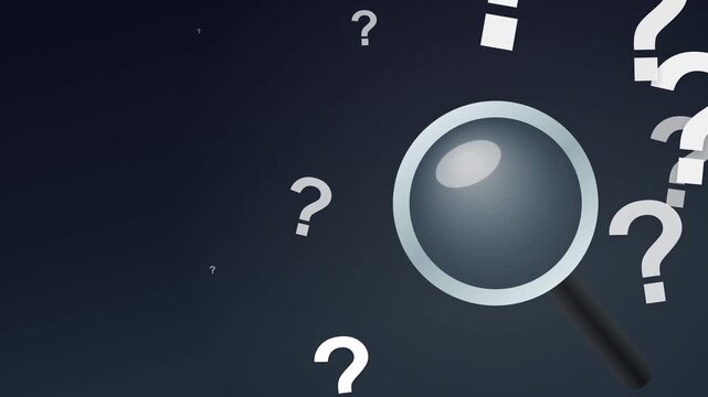 a magnifying glass with white question marks scattered on black background