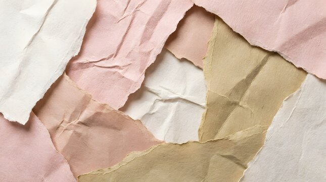 Torn paper collage with pastel colors and textured surfaces
