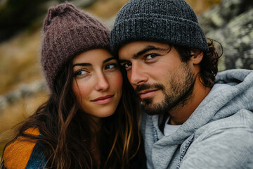 Fototapeta premium Happy young couple traveling together on outdoor winter trip in nature mountains, enjoying time together, generative ai