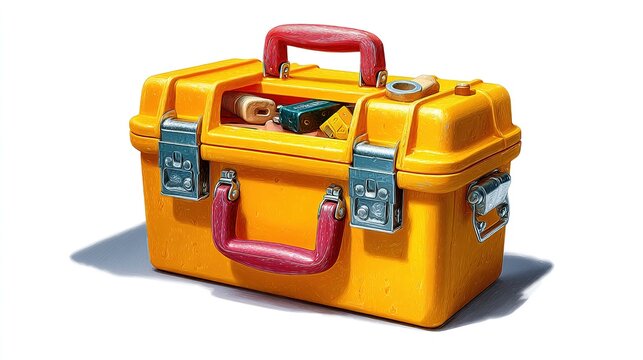 Yellow Toolbox Open: A bright yellow toolbox sits open, revealing an assortment of tools neatly arranged inside. The sturdy container, with its contrasting red and blue handle accents.