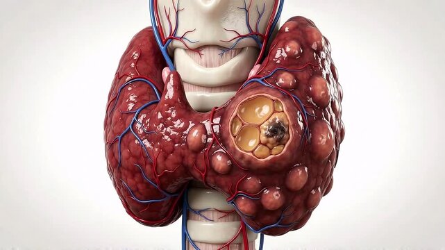 3D medical illustration showing thyroid gland anatomy with cancerous tumor nodules and vascular structure.