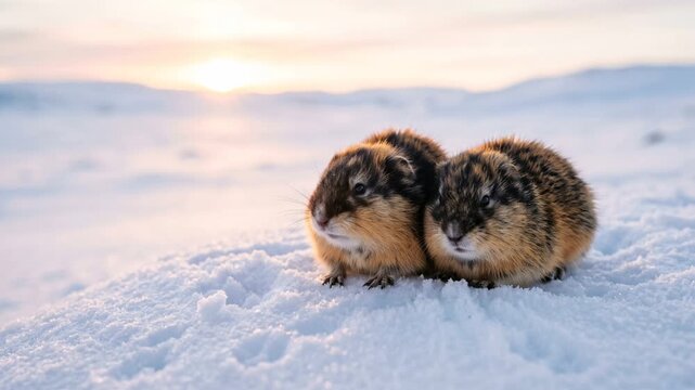 two lemmings close up on the snow at morning light in norwegian arctic tundra video