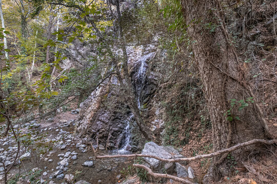 View of Hantara (Chantara) Waterfall, lower level in summer, can be seen on the river Dhiarizis, north of the village of Foini, Troodos Mountains, Limassol district, Cyprus 