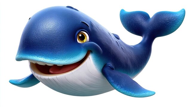 Friendly Cartoon Whale: A cheerful blue whale with big eyes and a wide smile swims through the ocean, looking friendly and inviting.