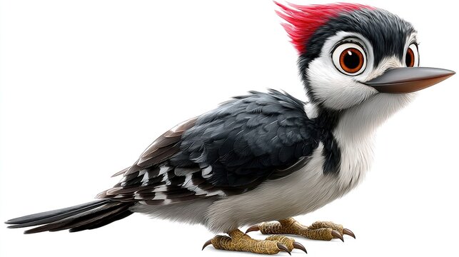 Cartoon Woodpecker Ready to Work: A whimsical cartoon woodpecker with striking red crest, wide eyes, and sharp beak stands alert, ready to peck away.