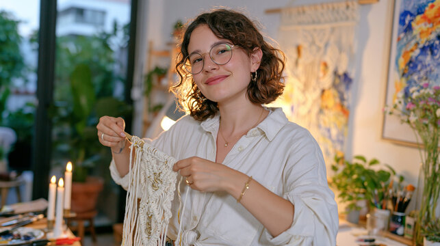 Macrame artist examines finished wall hanging by flickering candlelight in cozy studio aftermath of creative session, tools set aside, knotted fiber piece illuminated warmly, autumn craft fair prepa