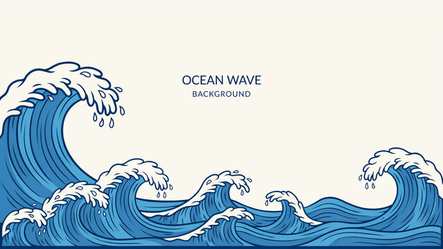 A stylized Japanese ukiyo-e woodblock print illustration of blue ocean waves with white outlines on a cream background