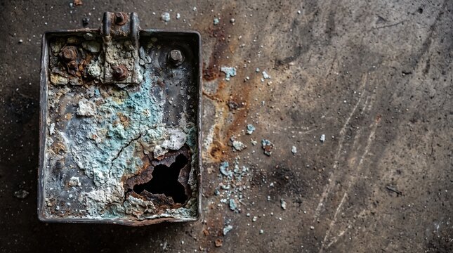 Corroded metal battery terminal with heavy oxidation and rust. Close up of damaged lead acid battery on concrete floor. Industrial waste and environmental pollution concept