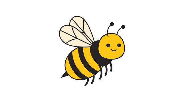 Cute cartoon bee with yellow and black stripes and smiling face.
