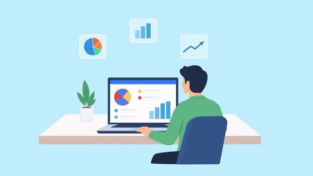 Modern flat vector animation showing a person working on a laptop with a business analytics dashboard, charts, and floating data icons, representing data analysis, reporting, productivity, and digital