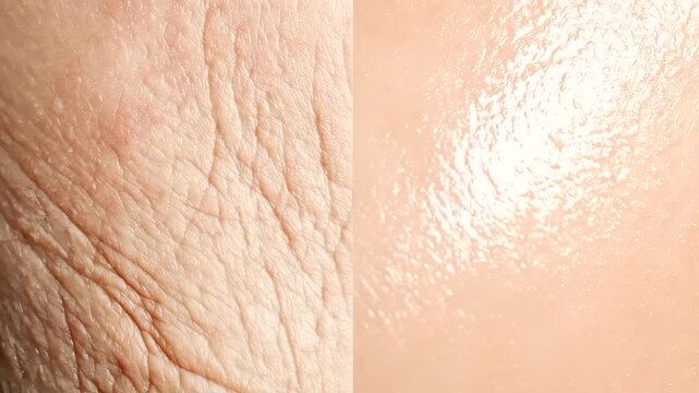 Close-up comparison of dry skin before moisturizing and visibly smoother hydrated skin afterward, clear difference in texture and moisture, skincare results, dry skin, hydration,