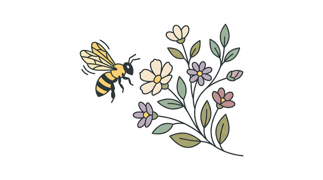 Colorful bee and flowers illustration on white background.