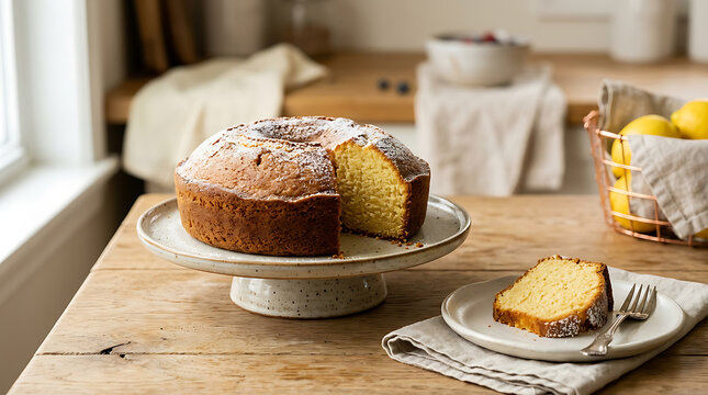 Homemade lemon drizzle cake on wooden table.