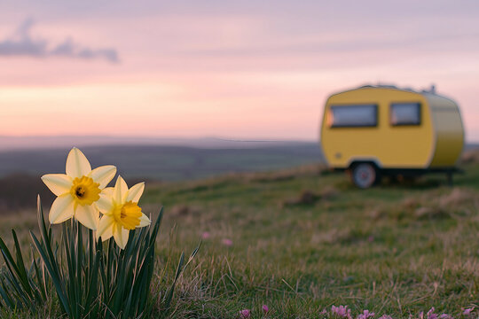 Generative AI image of a blooming yellow daffodil in focus with a blurred camper trailer in the background
